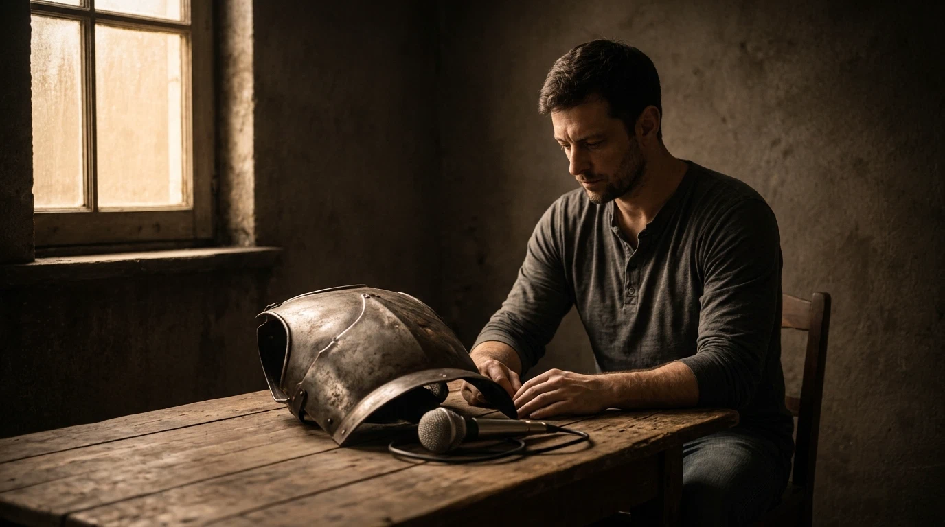 The Strength to Rise Above Yourself – An iron breastplate laid down beside a microphone on a wooden table in warm window light