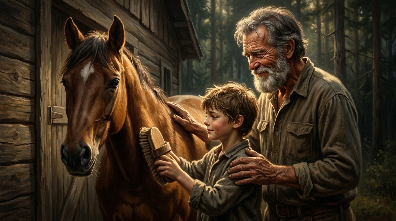 The Eyes of the Merciful – An old man with kind, shining eyes and a wild boy among the animals at the edge of the forest