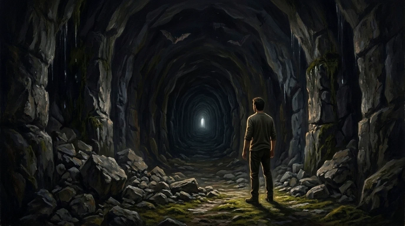 The Future Is Unknown to Him, Hope Is Not – A wanderer in a dark tunnel looking toward the distant pinpoint of light