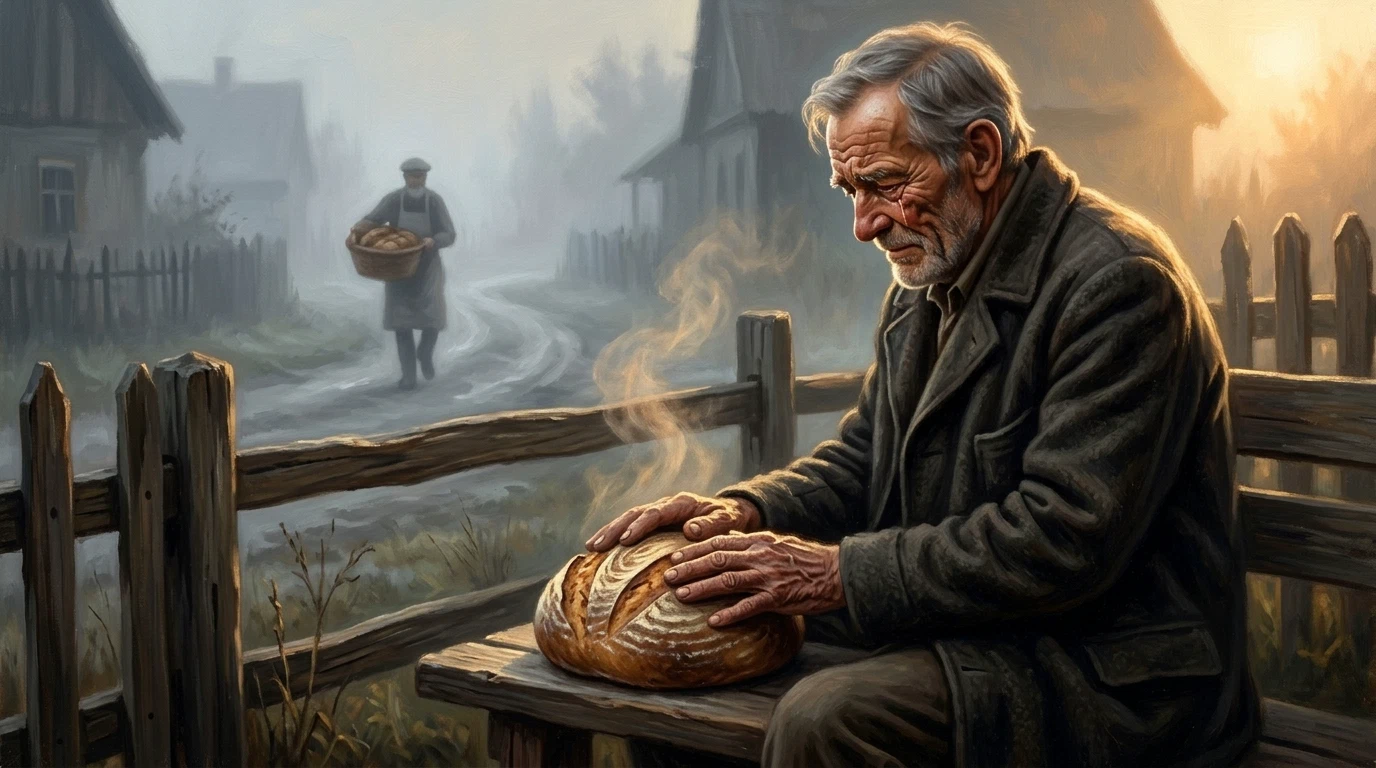 The Curmudgeon Who Did Not Want to Be One – An old man on a wooden bench rests his cold hands on a warm loaf of bread