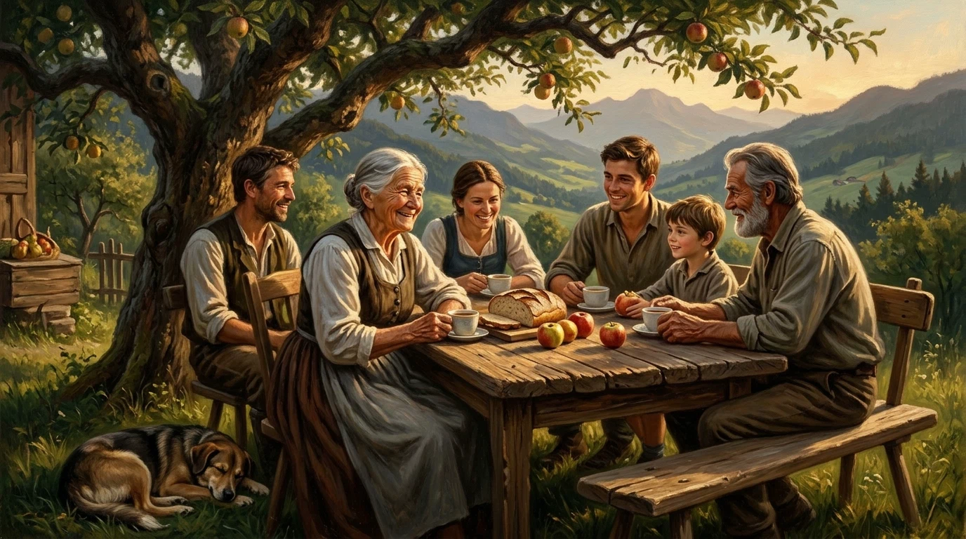 "Zfrieda muss ma si" – A contented gathering around a wooden table with grandma in the warm evening light