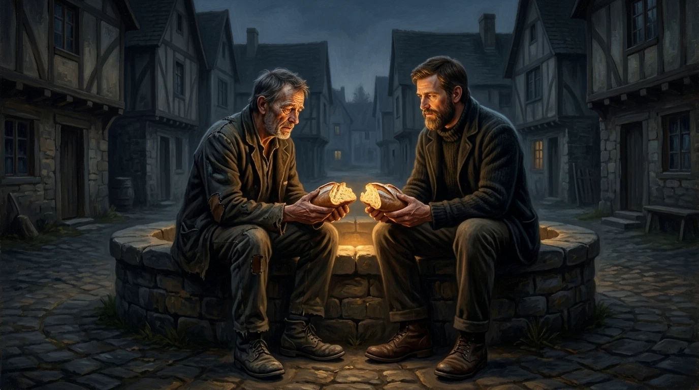 The Boy Who Learned to See in the Dark – Two men sitting by a village well at dusk, sharing a piece of bread